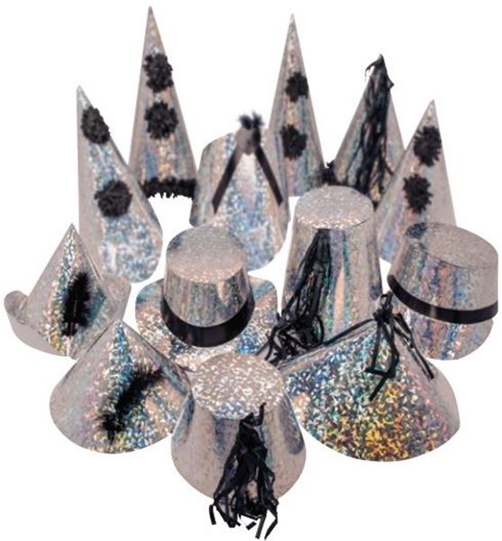 BLACK & SILVER HOLOGRAPHIC PARTY HATS