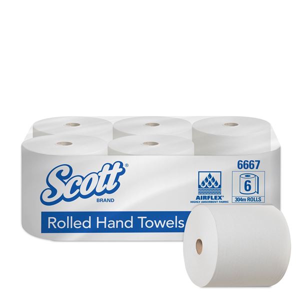 Scott® Rolled Hand Towels 6667 - 6 x 304m white, 1 ply rolls