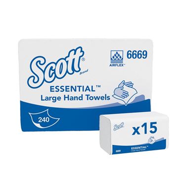 Scott® Essential™ Large Folded Hand Towels  6669 - 15 packs x 240 white, 1 ply sheets