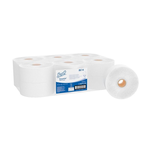 Scott® Essential™ Jumbo Roll Toilet Tissue 8614 - 12 rolls x 500 white, 2 ply sheets (2,400m)