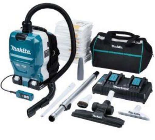 Picture of Makita Back Pack Vac kit c/w 2 x 5ah Battery, Fast Twin Charger, Sash Nozzle, Upholstry Nozzle, Round Brush, Carry Bag & 5x10 Filter Bags